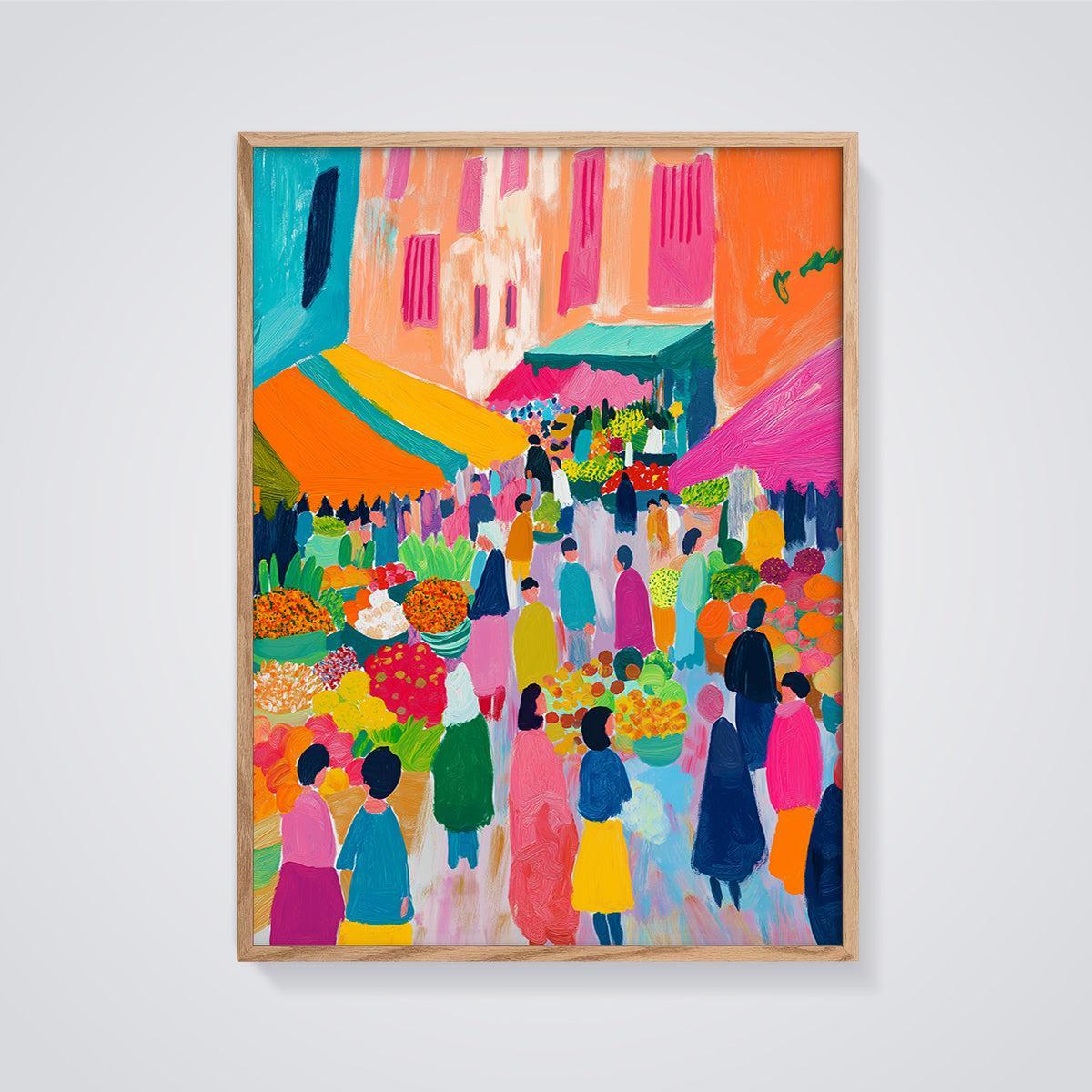 Vibrant Outdoor Market Print framed in oak on a grey background