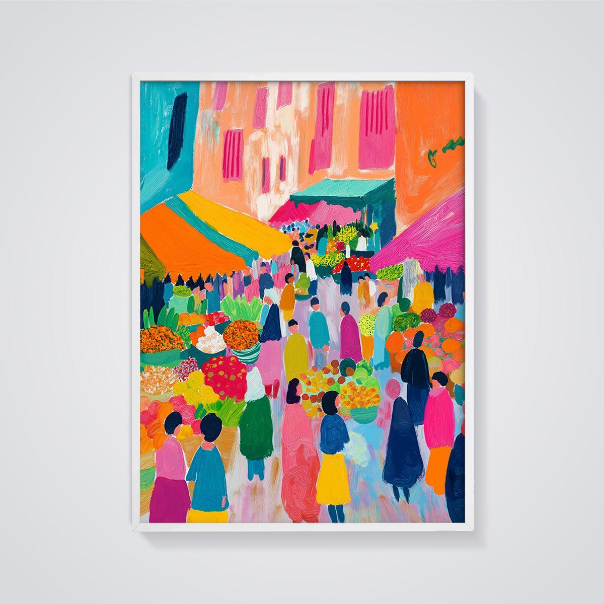 Vibrant Outdoor Market Print framed in white on a grey background