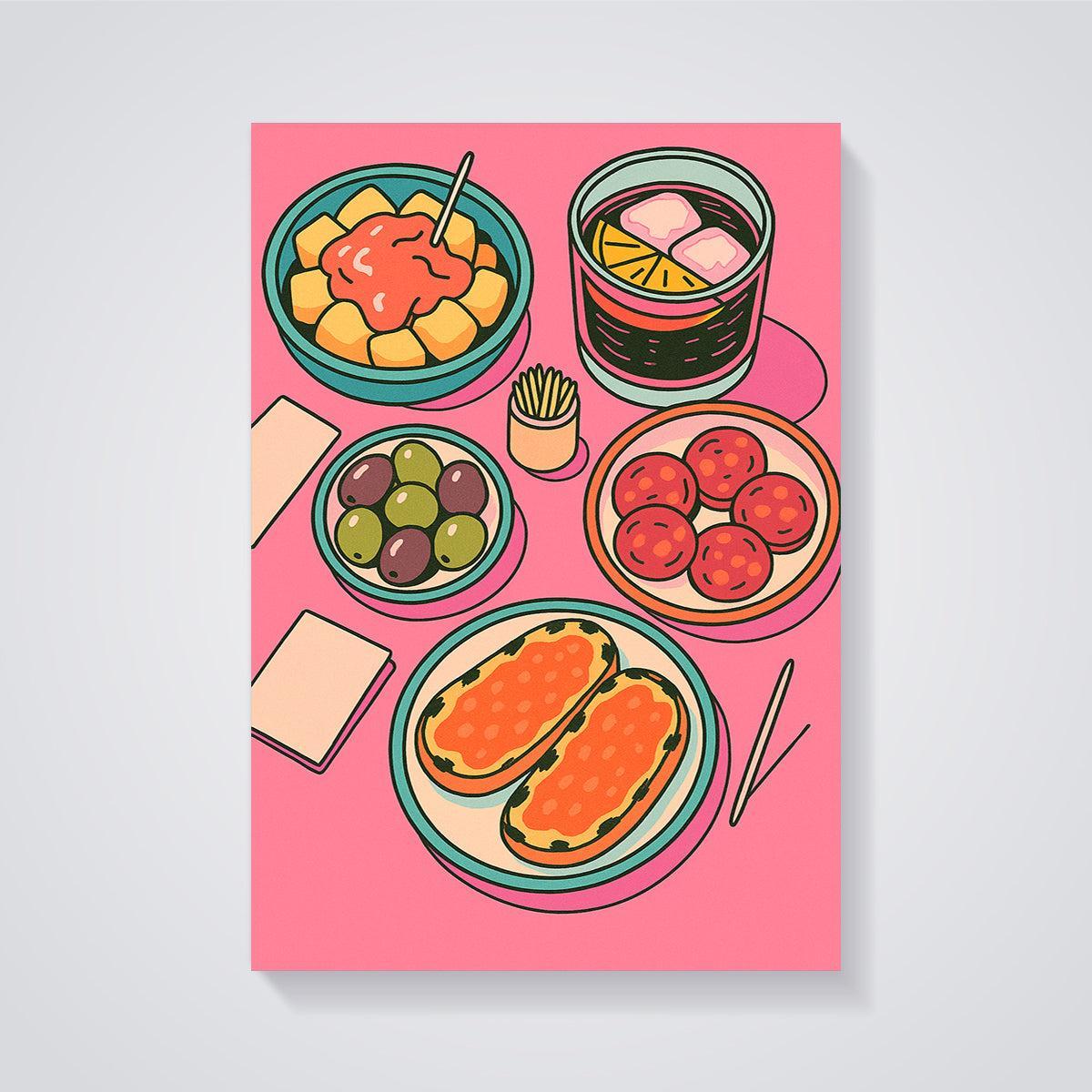 Vibrant Spanish Tapas Print unframed on a grey background