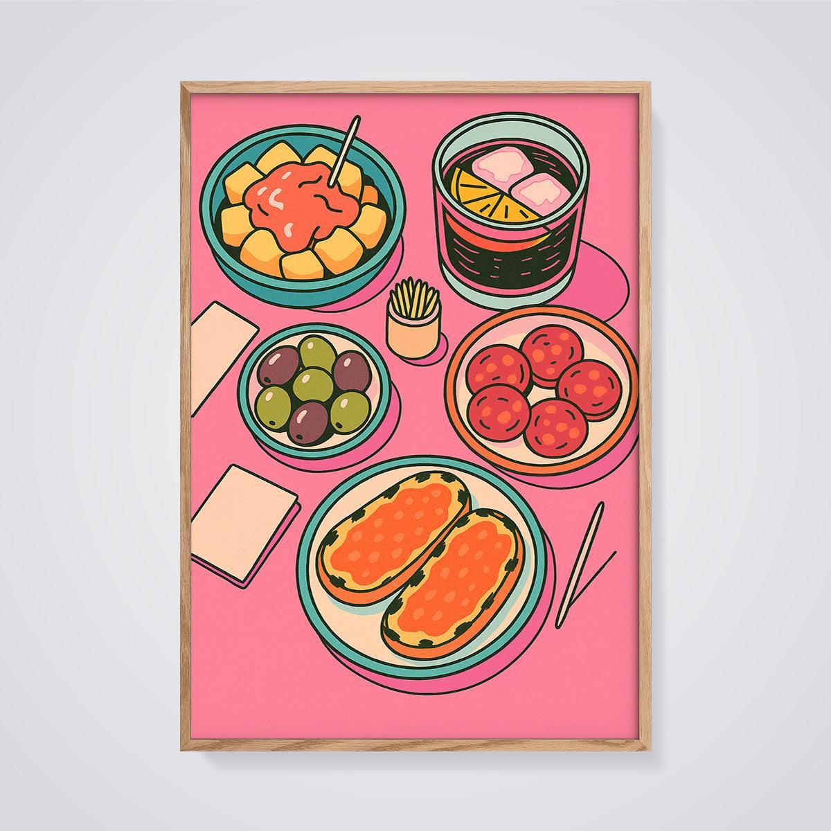 Vibrant Spanish Tapas Print framed in oak on a grey background