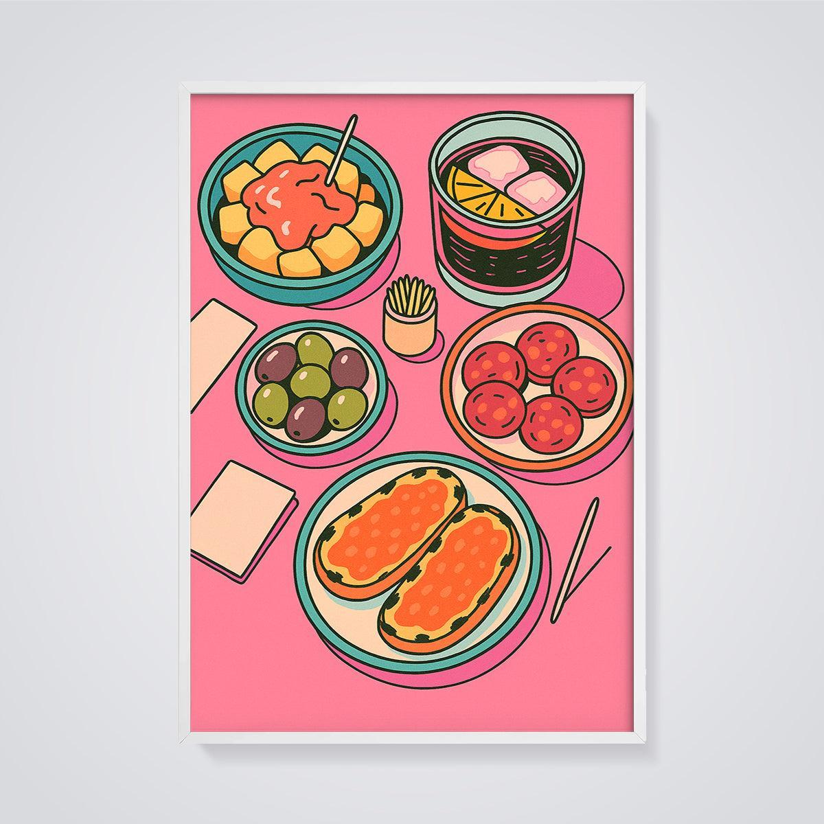 Vibrant Spanish Tapas Print framed in white on a grey background
