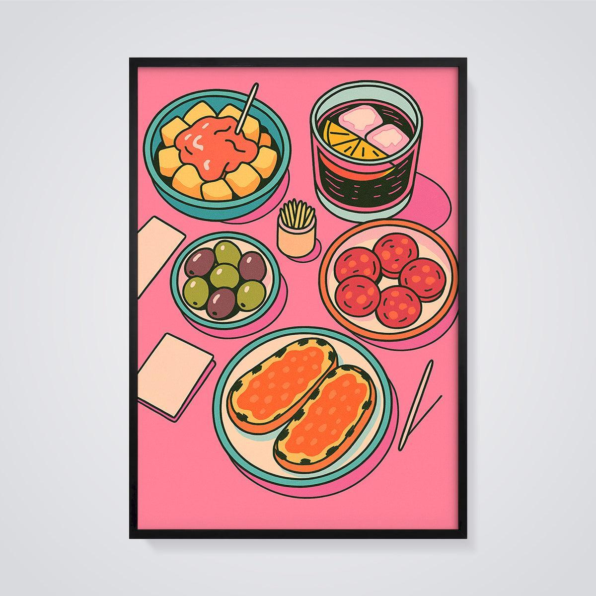 Vibrant Spanish Tapas Print framed in black on a grey background