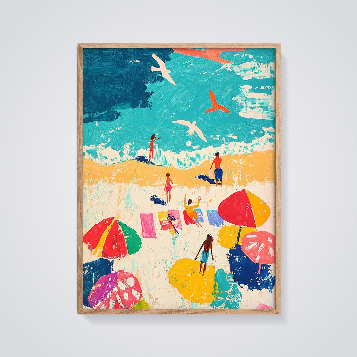 Vibrant Summer Beach Print framed in oak on a grey background
