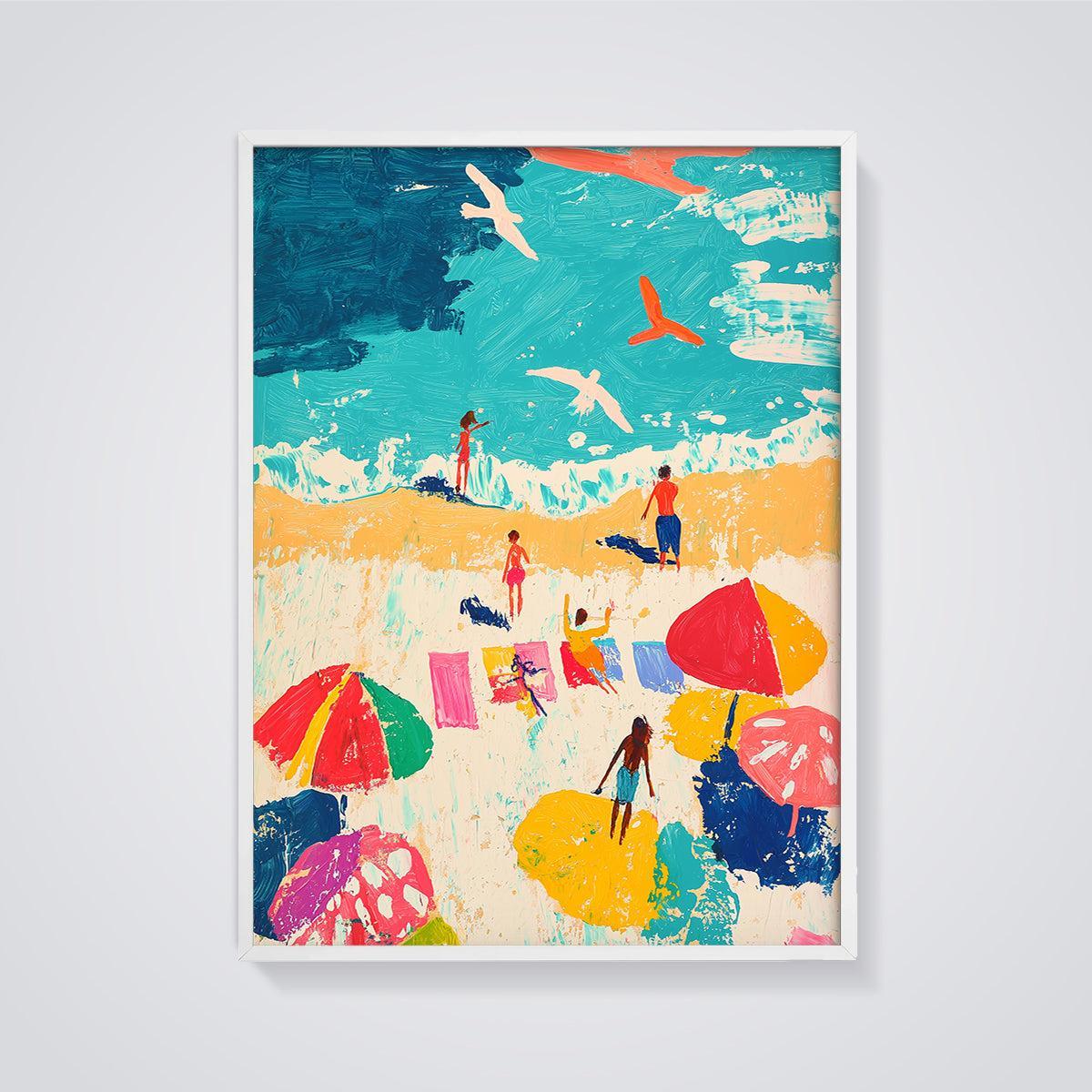Vibrant Summer Beach Print framed in white on a grey background