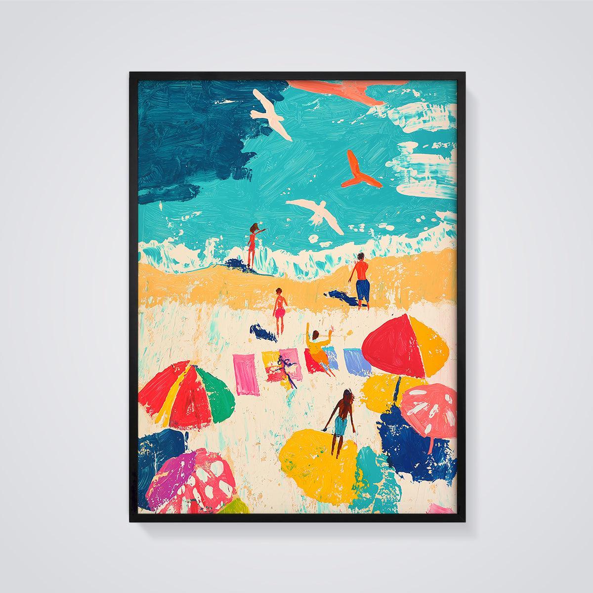 Vibrant Summer Beach Print framed in black on a grey background