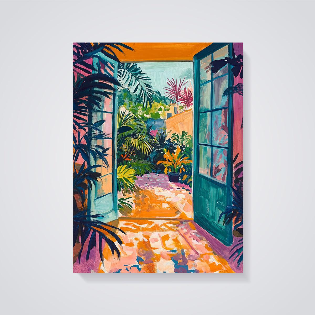 Vibrant Tropical Garden Doorway Print unframed on a grey background