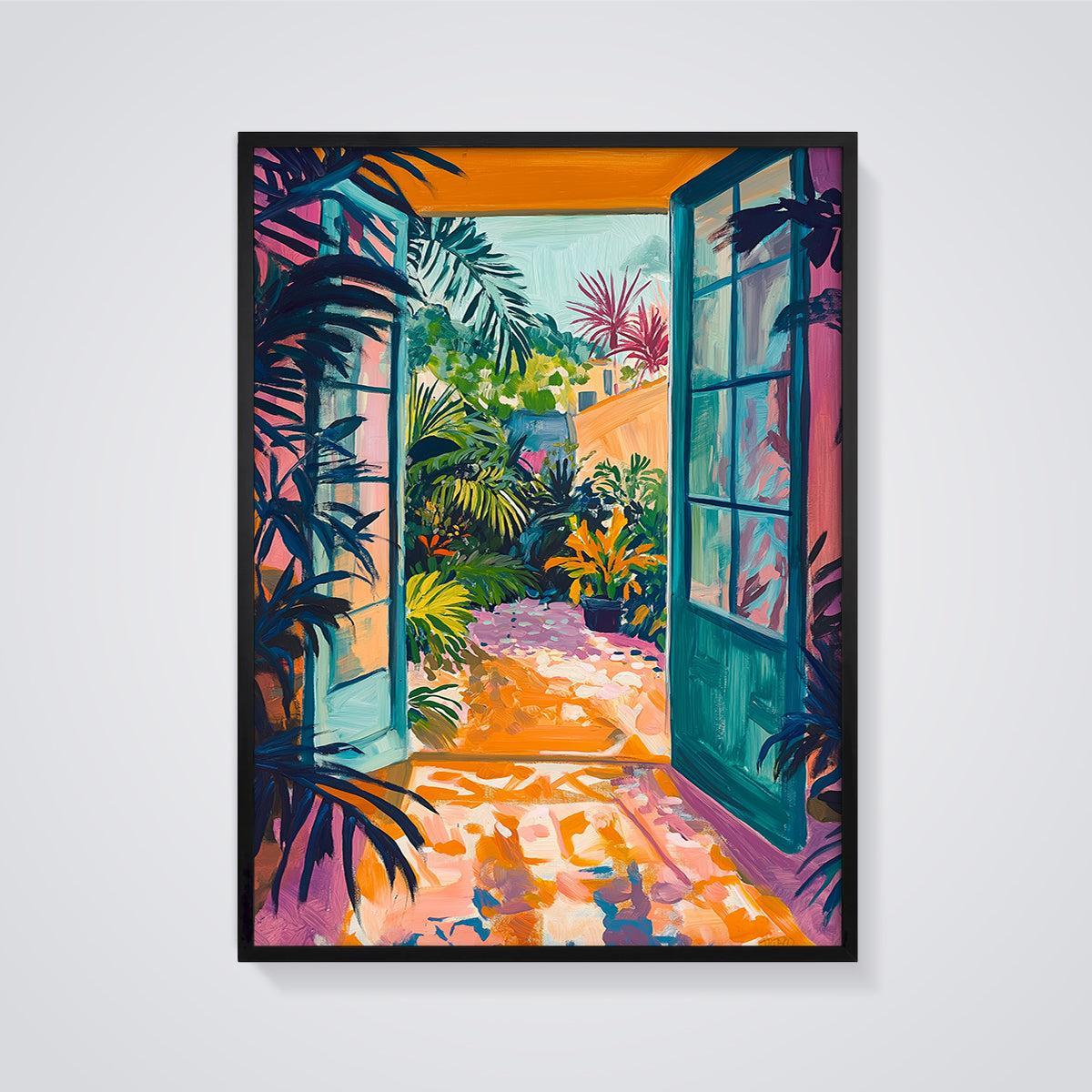 Vibrant Tropical Garden Doorway Print framed in black on a grey background