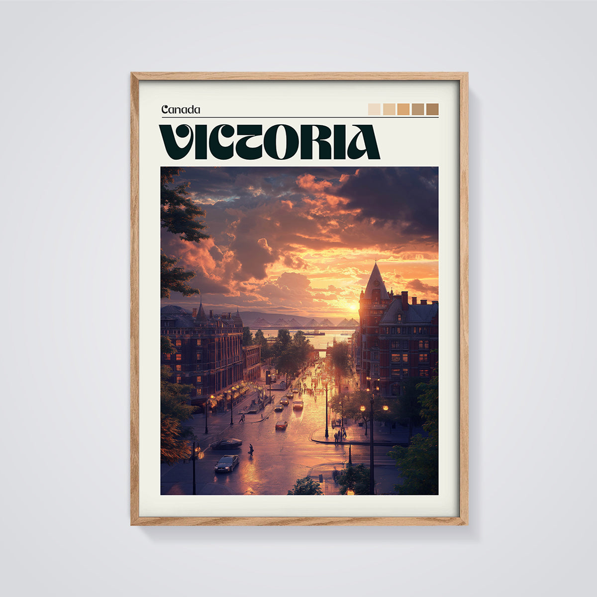 Victoria Canada Sunset City Print framed in oak on a grey background