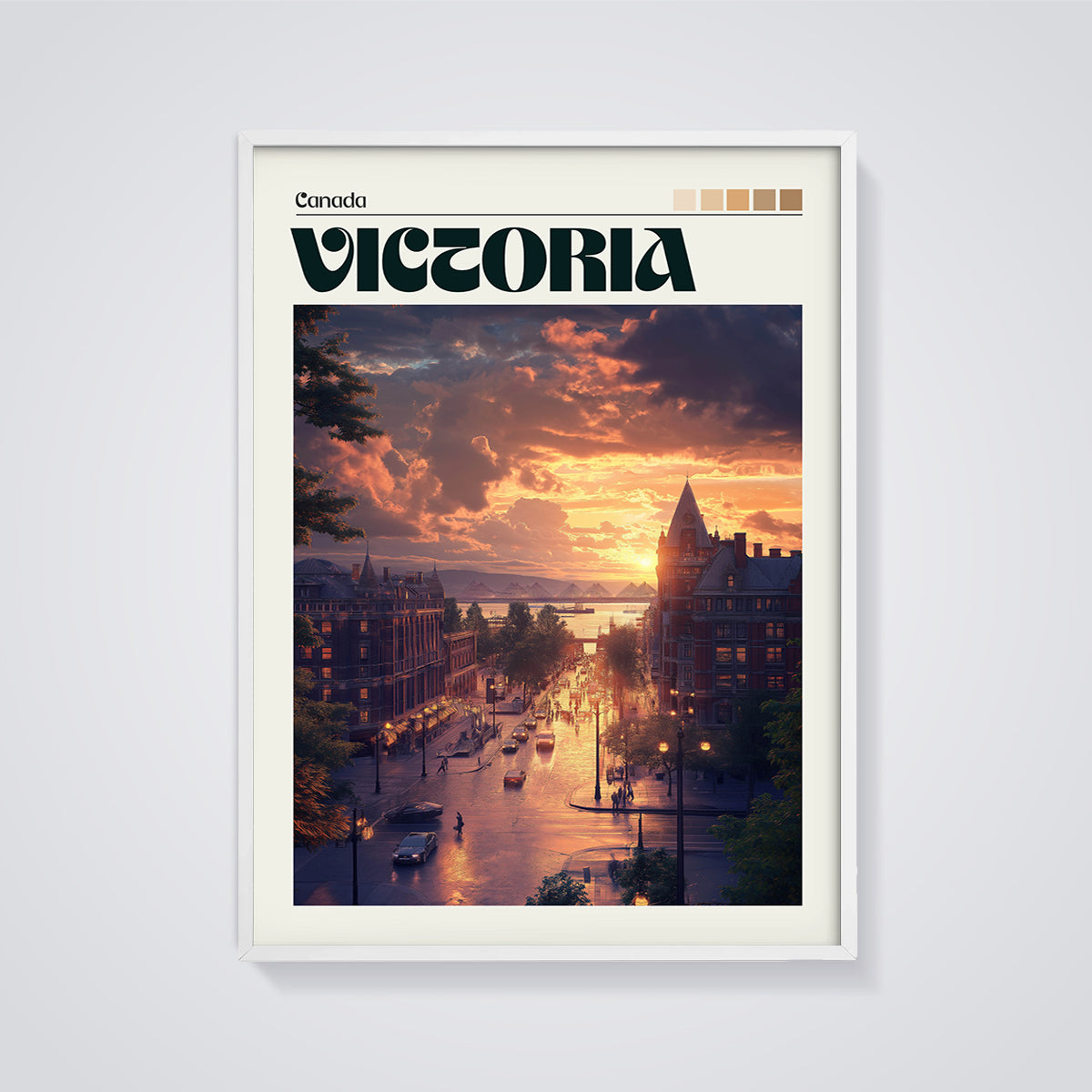 Victoria Canada Sunset City Print framed in white on a grey background