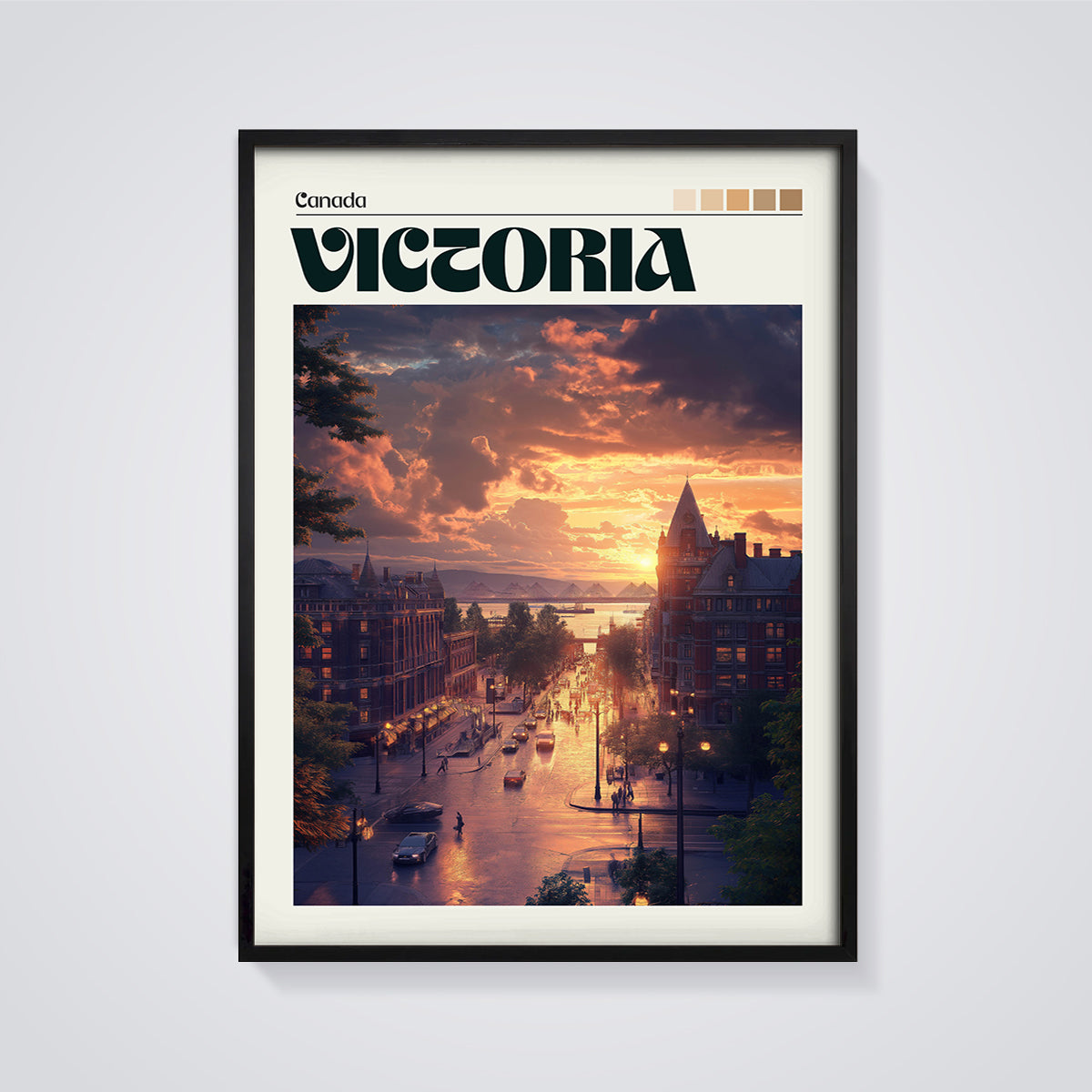 Victoria Canada Sunset City Print framed in black on a grey background