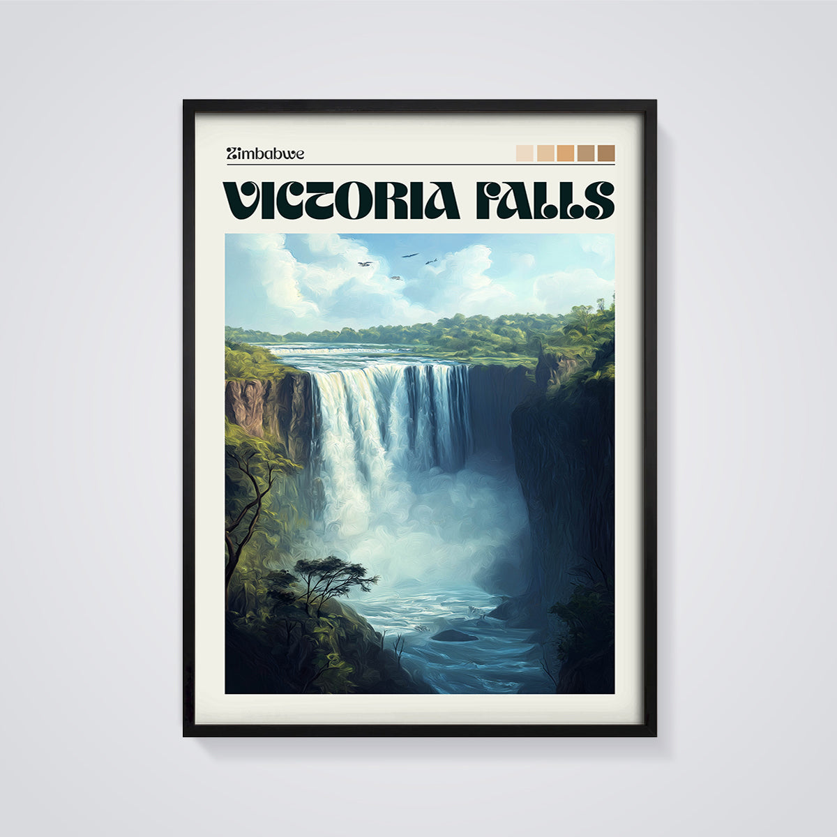 Victoria Falls Zimbabwe Print framed in black on a grey background