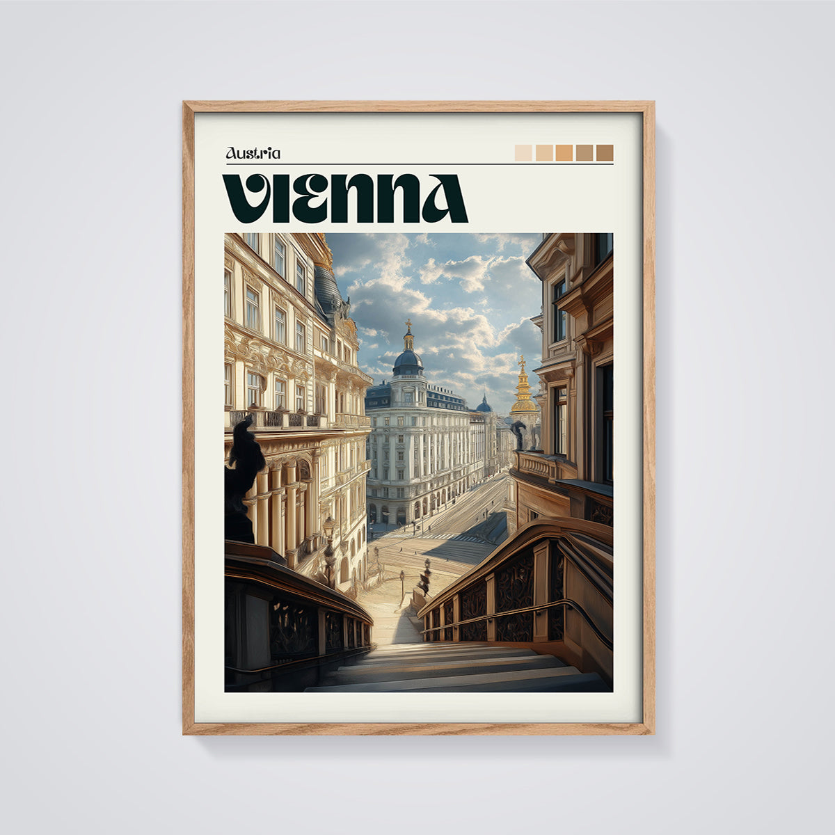 Vienna Cityscape Print framed in oak on a grey background