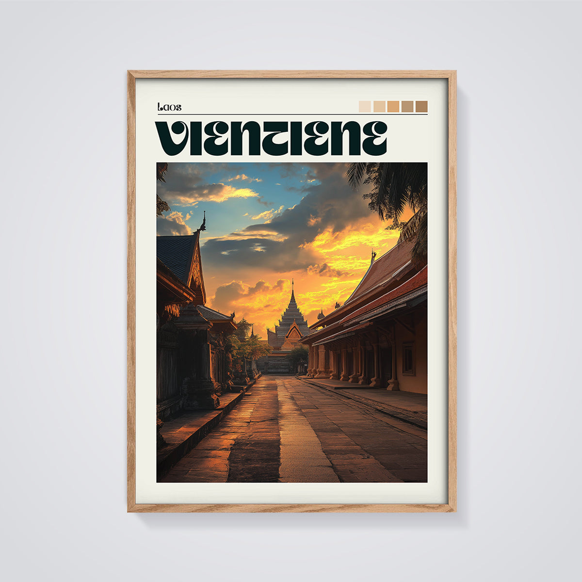 Vientiane Temple Path Print framed in oak on a grey background