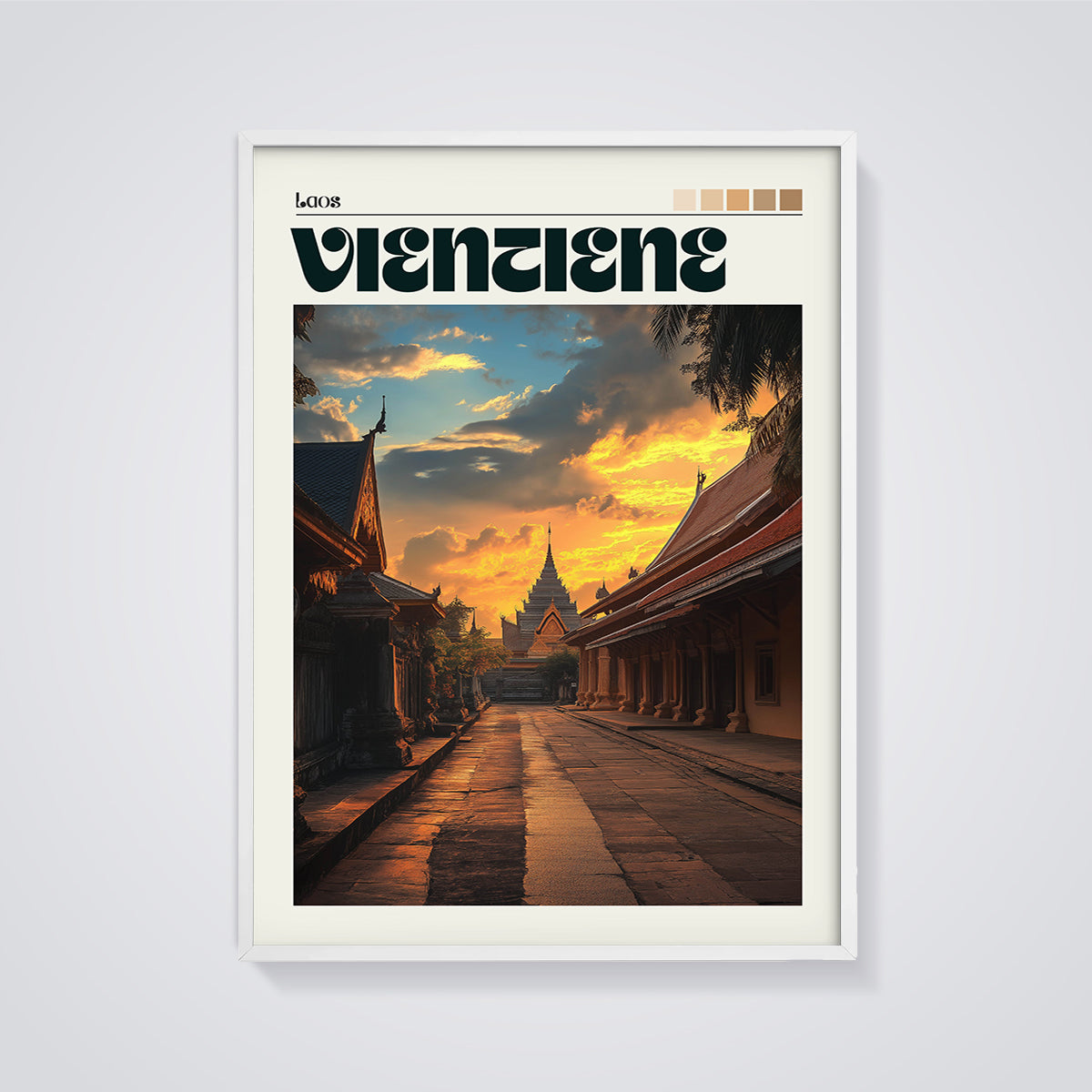 Vientiane Temple Path Print framed in white on a grey background