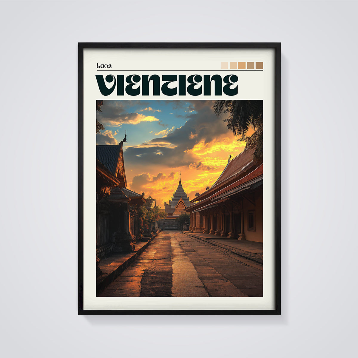 Vientiane Temple Path Print framed in black on a grey background