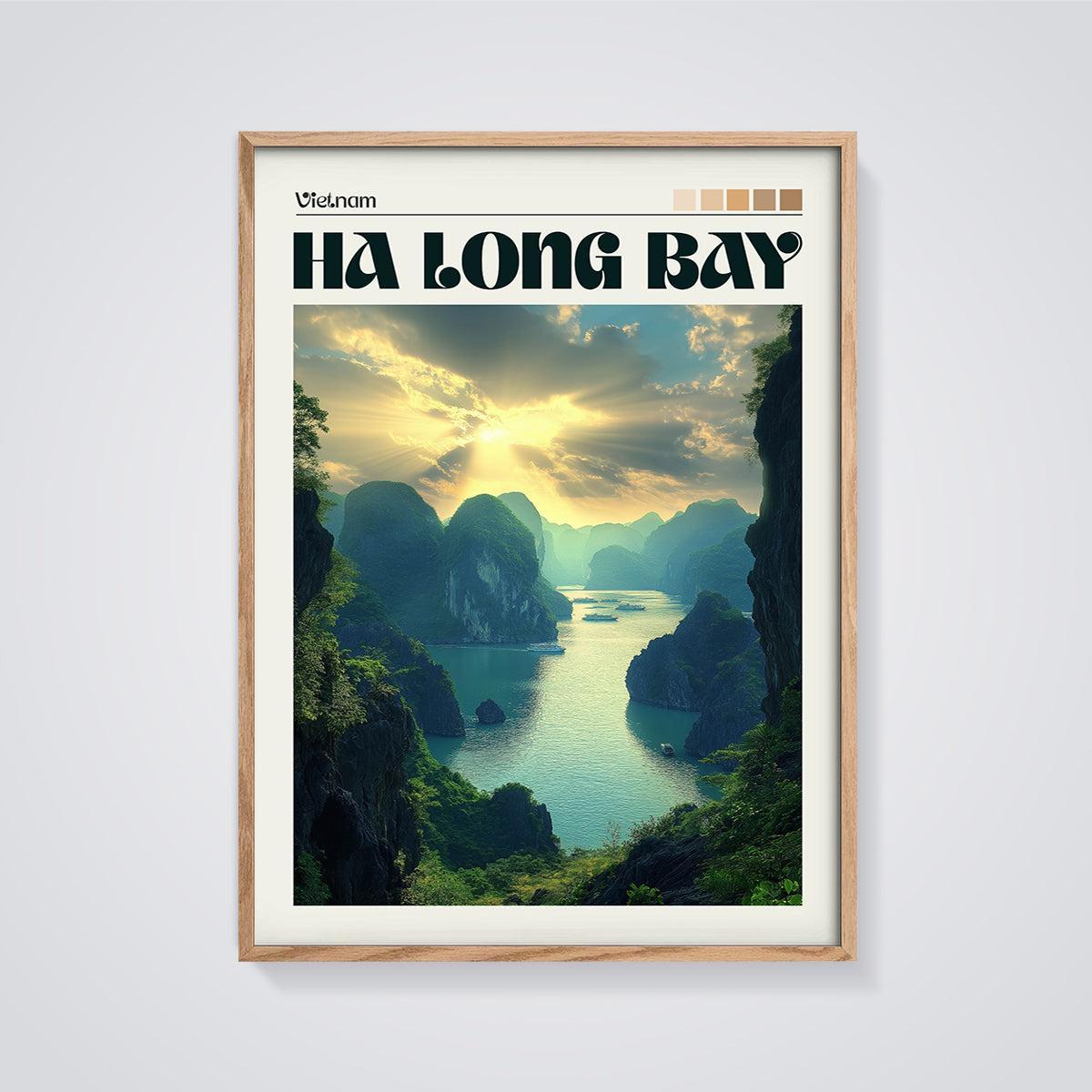 Vietnam Ha Long Bay Print framed in oak on a grey background