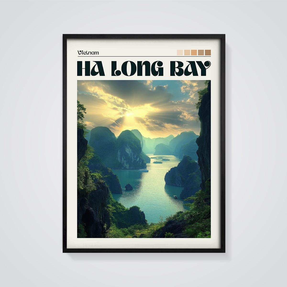 Vietnam Ha Long Bay Print framed in black on a grey background