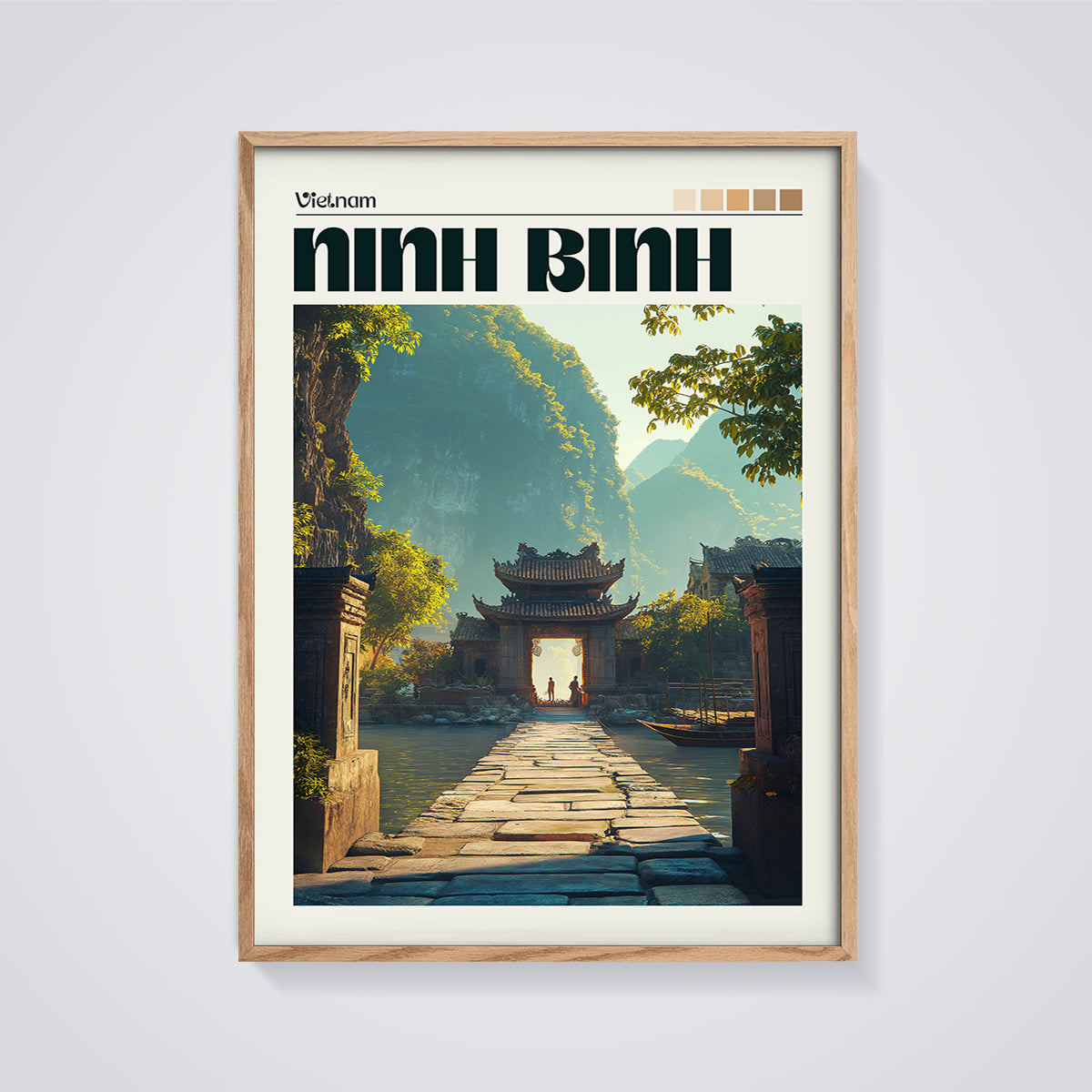 Vietnam Ninh Binh Gate Print framed in oak on a grey background