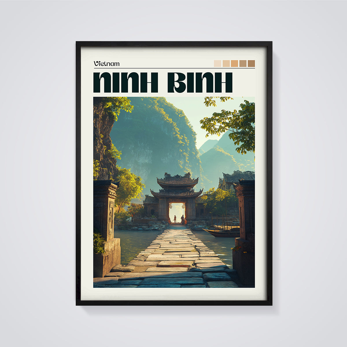Vietnam Ninh Binh Gate Print framed in black on a grey background