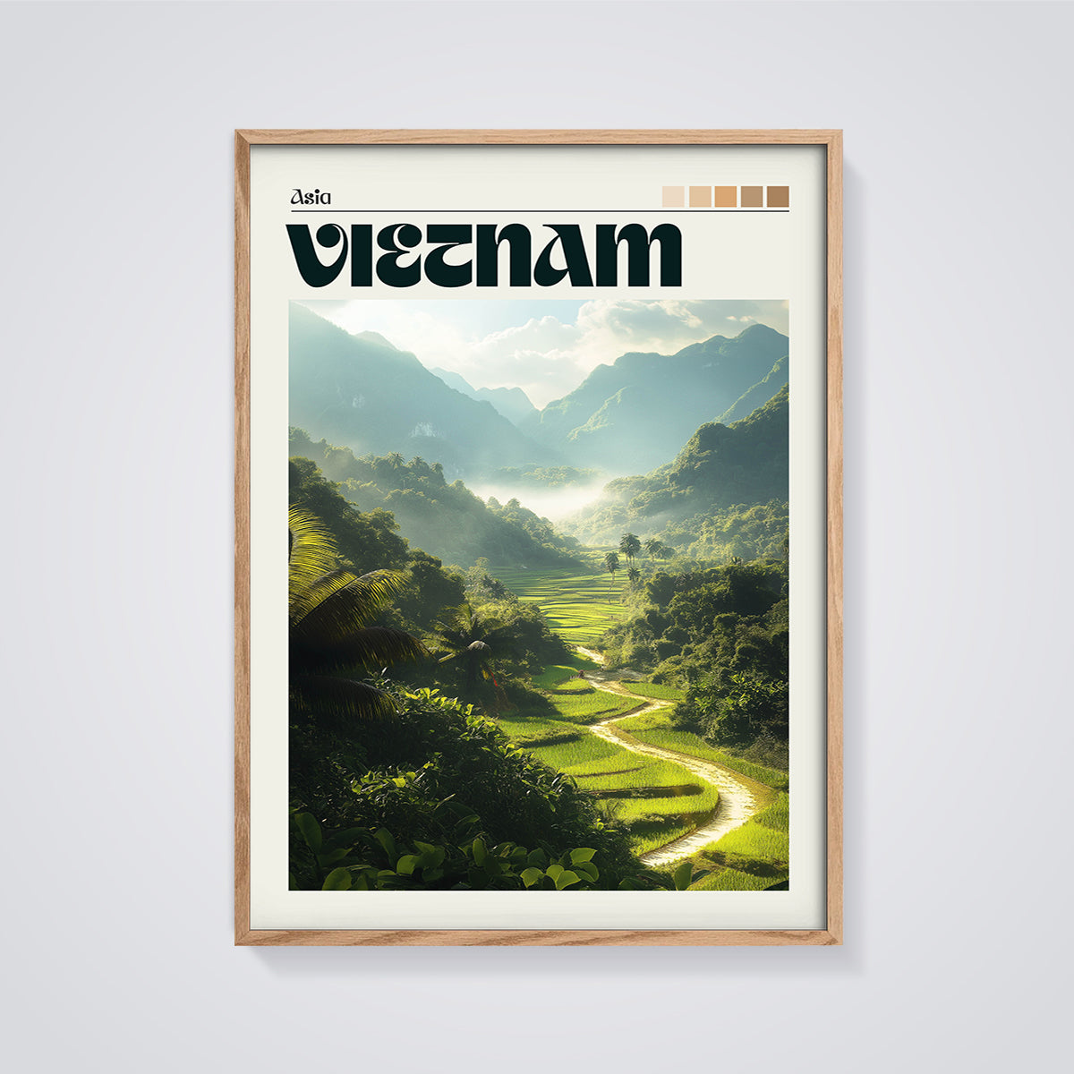 Vietnam Rice Terraces Print framed in oak on a grey background