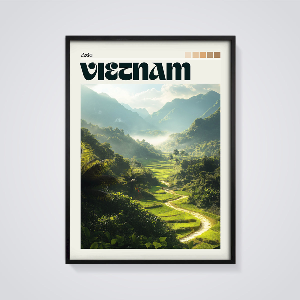 Vietnam Rice Terraces Print framed in black on a grey background