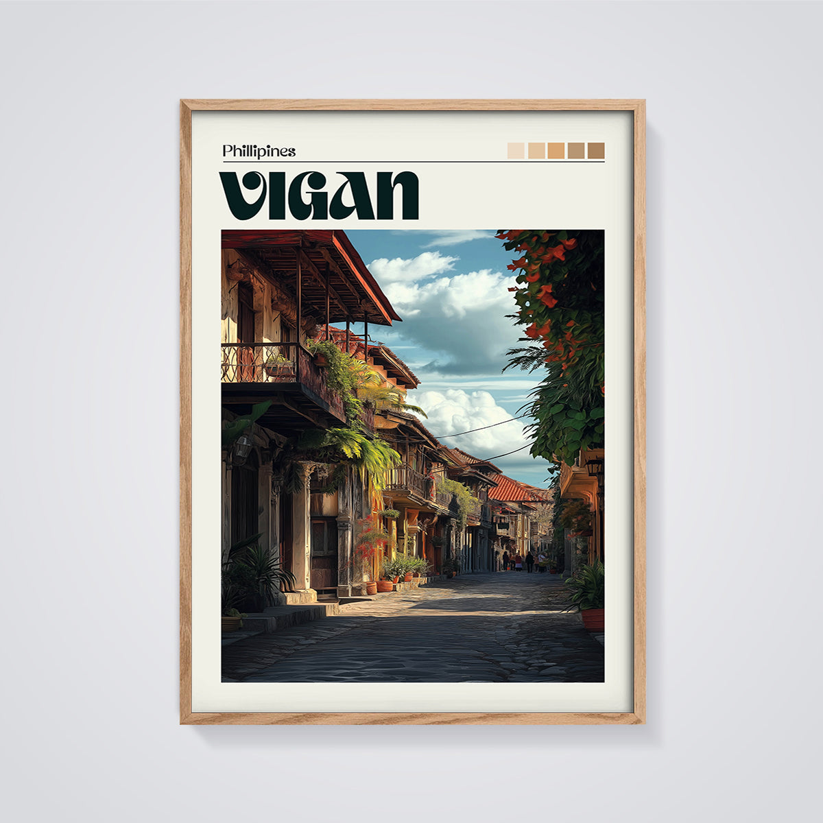 Vigan Colonial Street Print framed in oak on a grey background