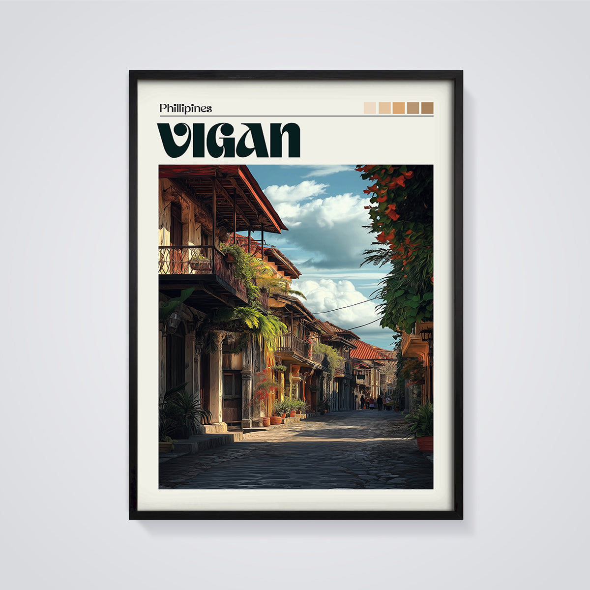 Vigan Colonial Street Print framed in black on a grey background
