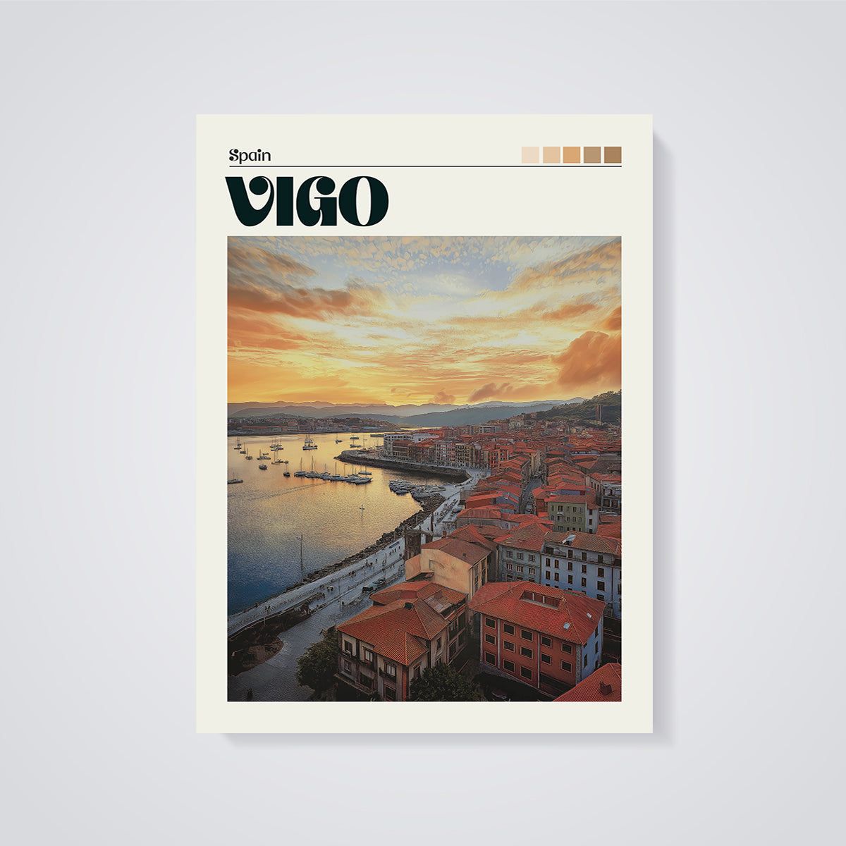 Vigo Spain Sunset Harbor Print unframed on a grey background