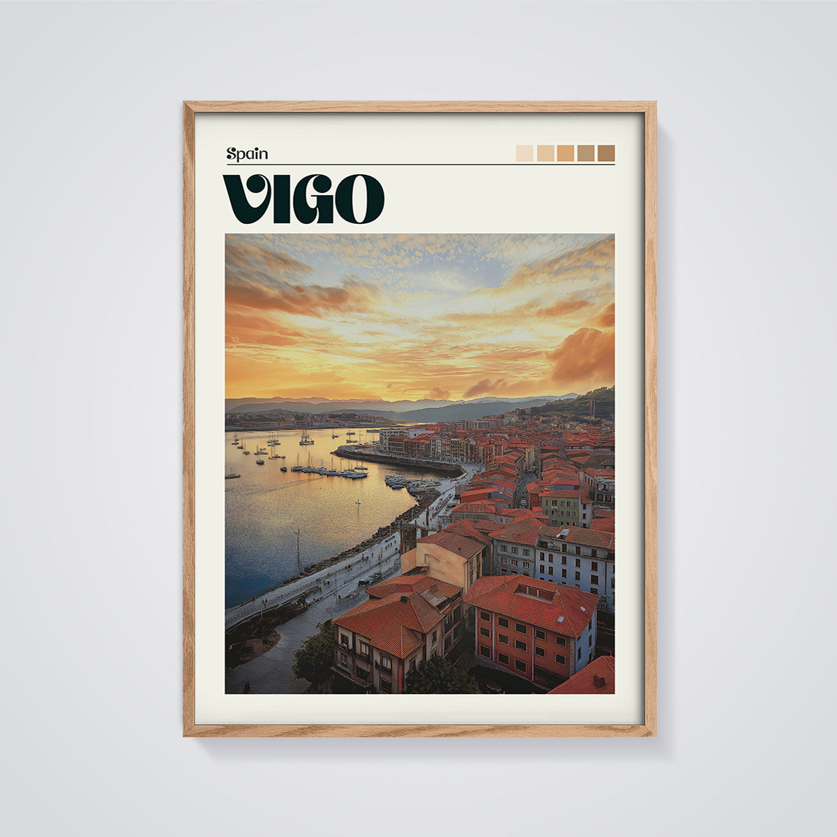Vigo Spain Sunset Harbor Print framed in oak on a grey background