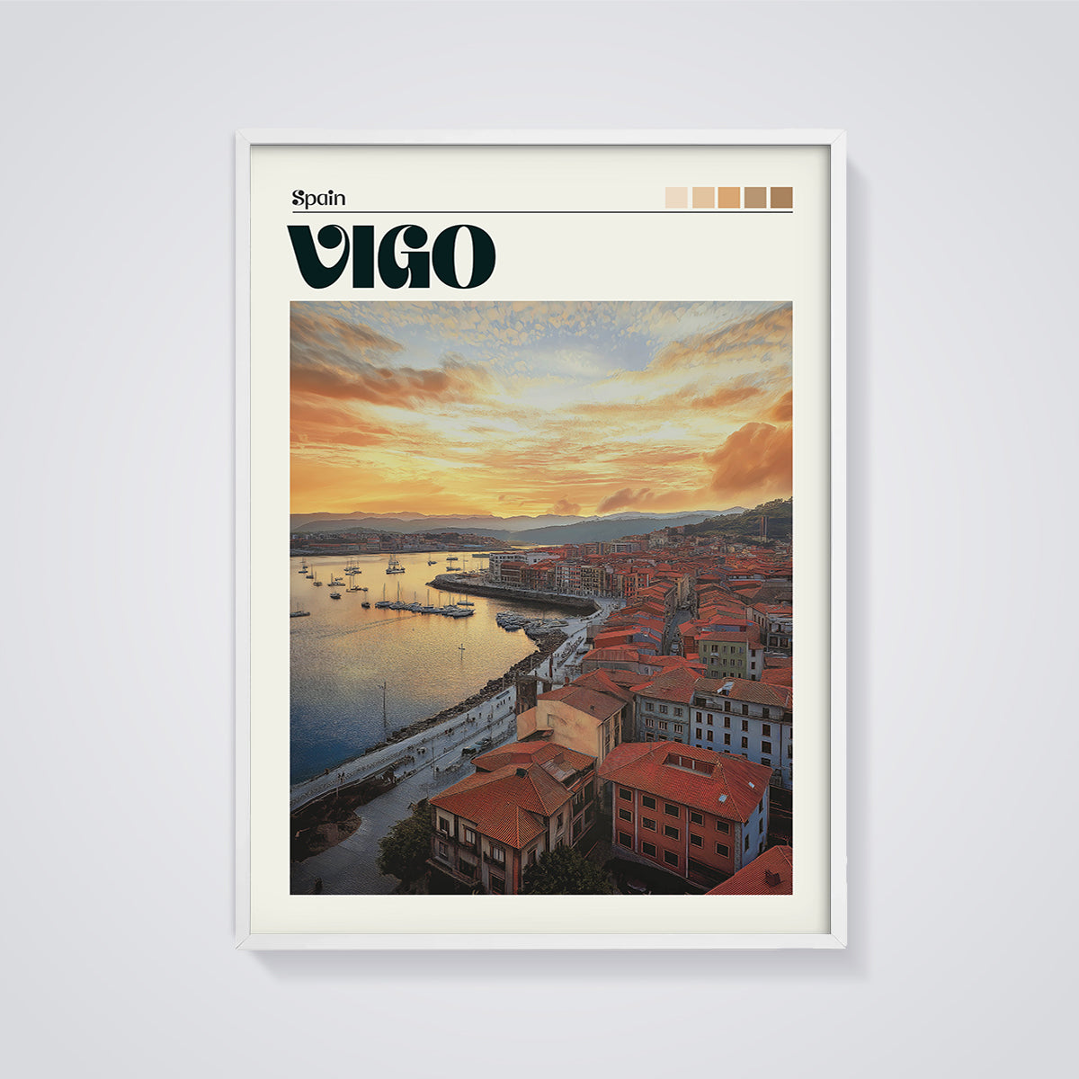 Vigo Spain Sunset Harbor Print framed in white on a grey background
