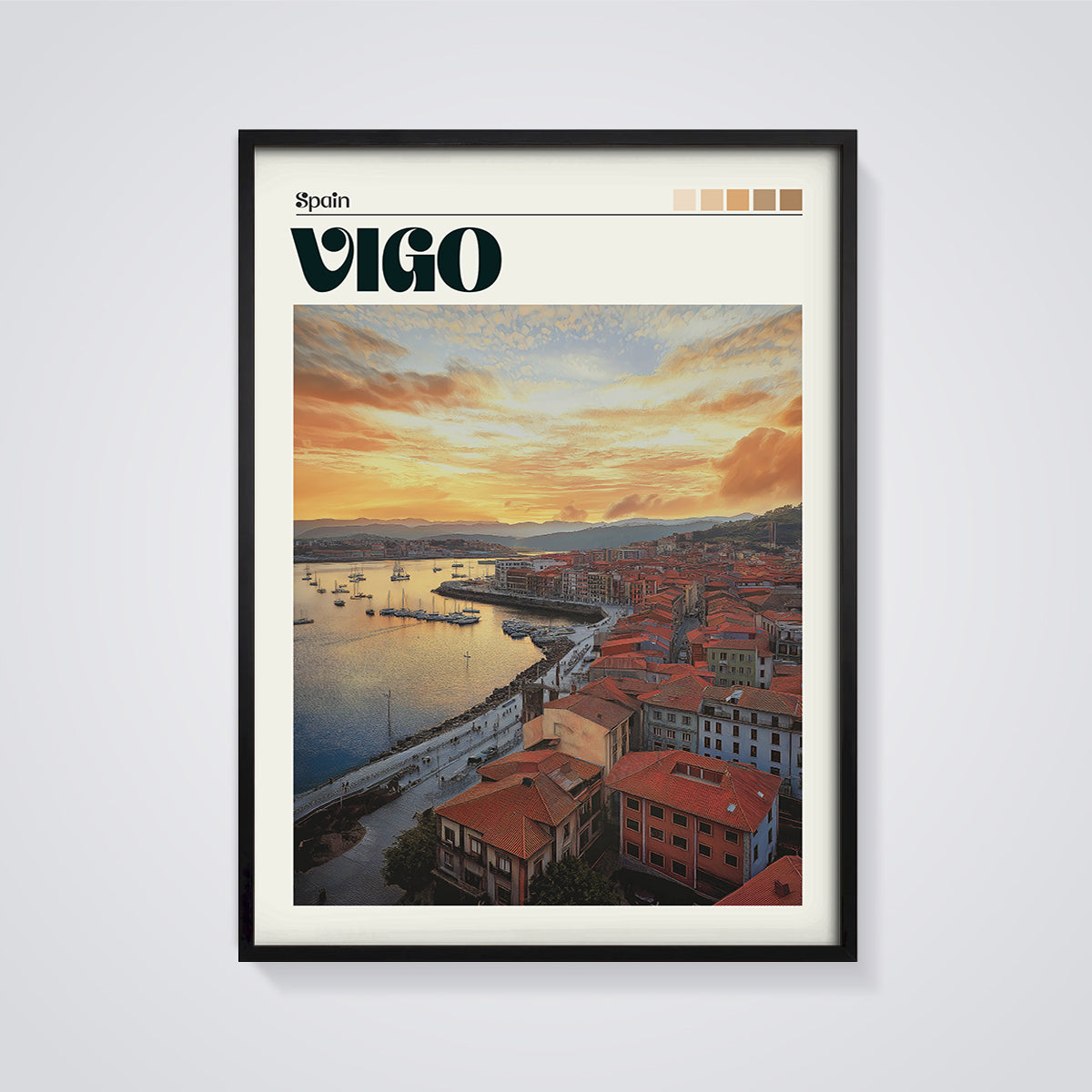Vigo Spain Sunset Harbor Print framed in black on a grey background