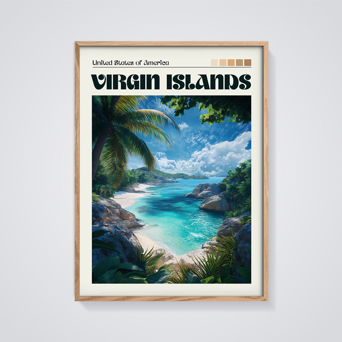 Virgin Islands Beach Print framed in oak on a grey background