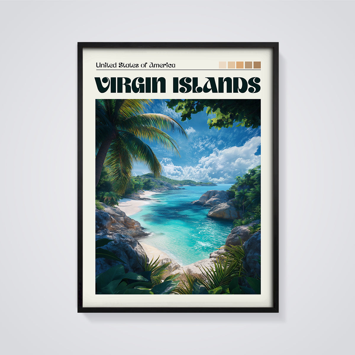 Virgin Islands Beach Print framed in black on a grey background