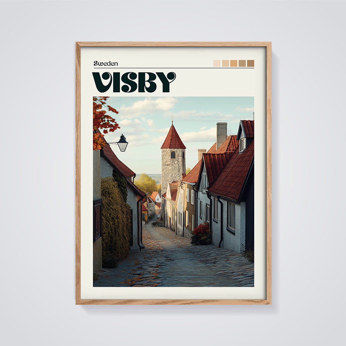 Visby Old Town Street Print framed in oak on a grey background