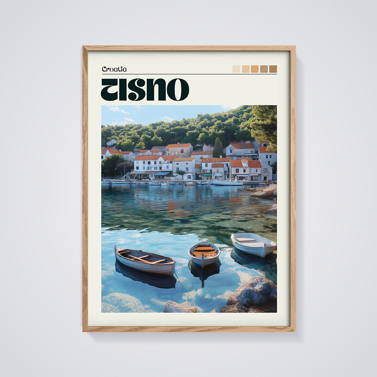 Visno Croatia Coastal Village Print framed in oak on a grey background