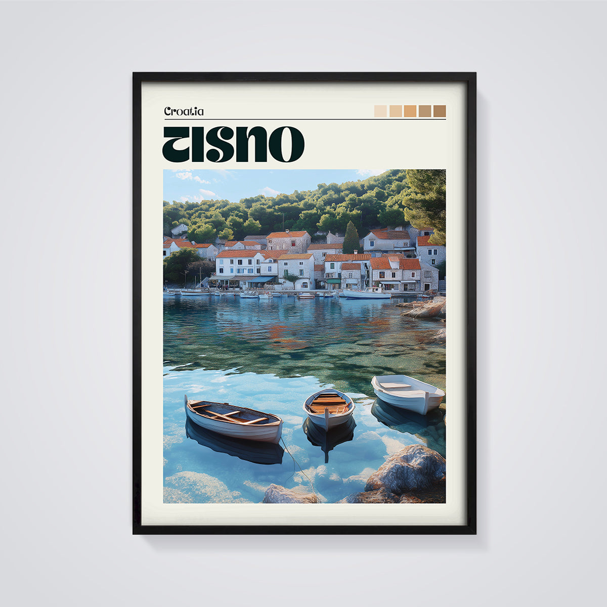 Visno Croatia Coastal Village Print framed in black on a grey background