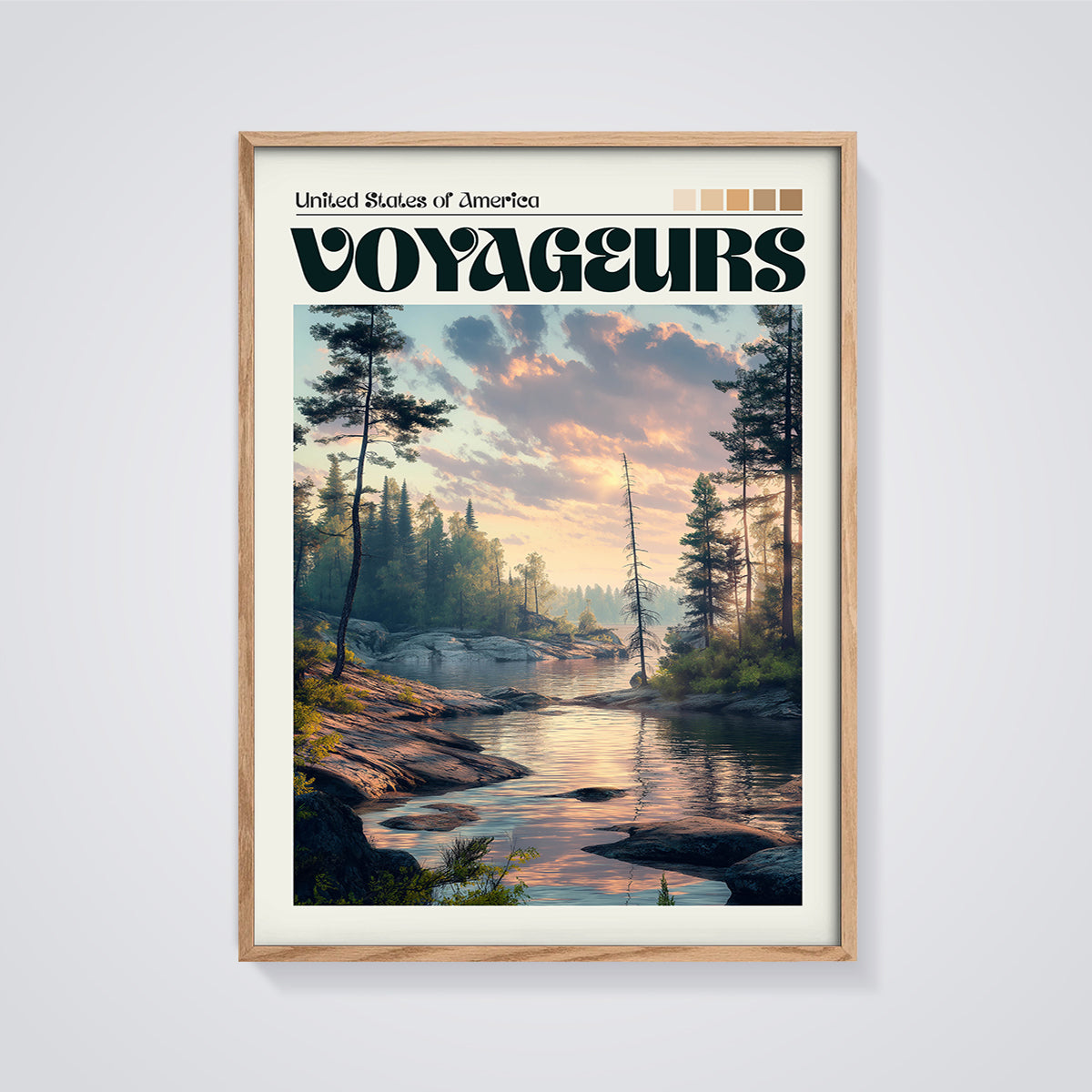 Voyageurs National Park Sunset Print framed in oak on a grey background