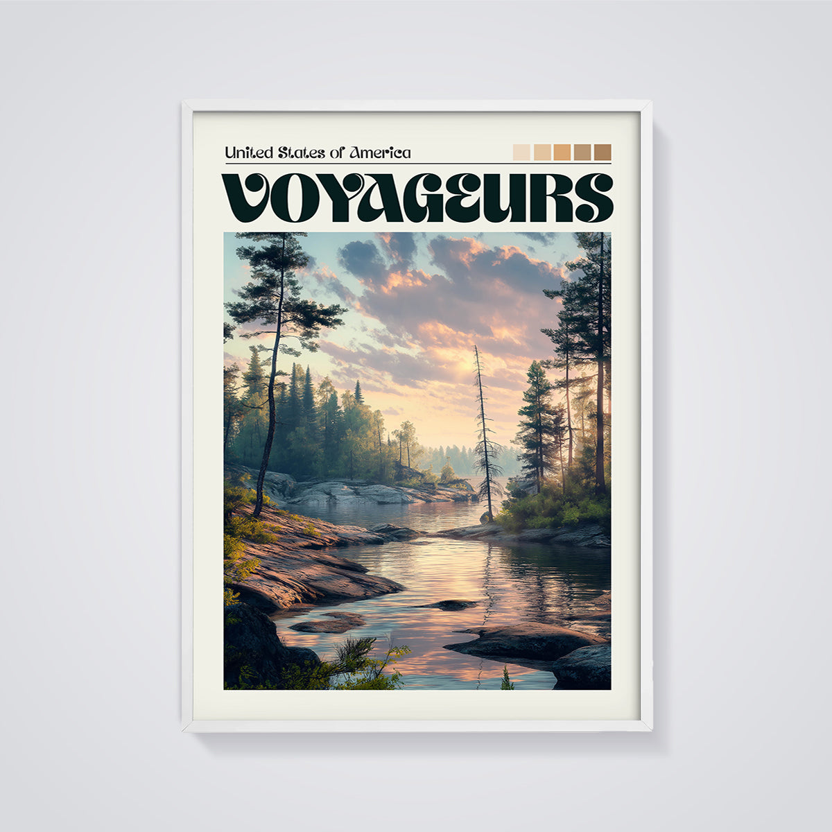 Voyageurs National Park Sunset Print framed in white on a grey background
