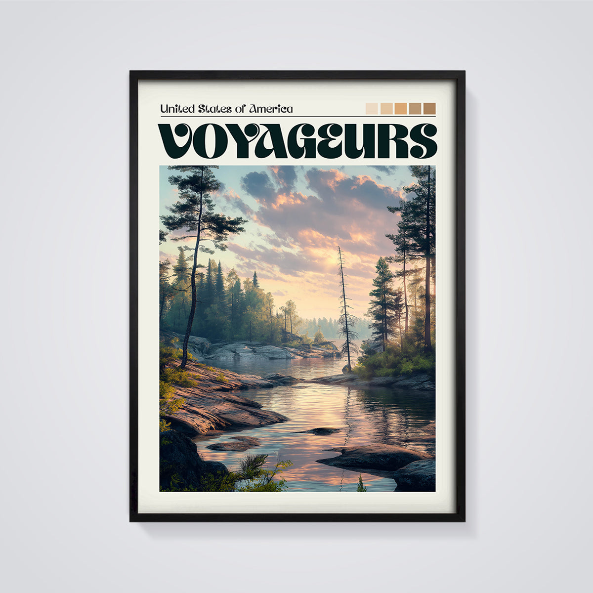 Voyageurs National Park Sunset Print framed in black on a grey background