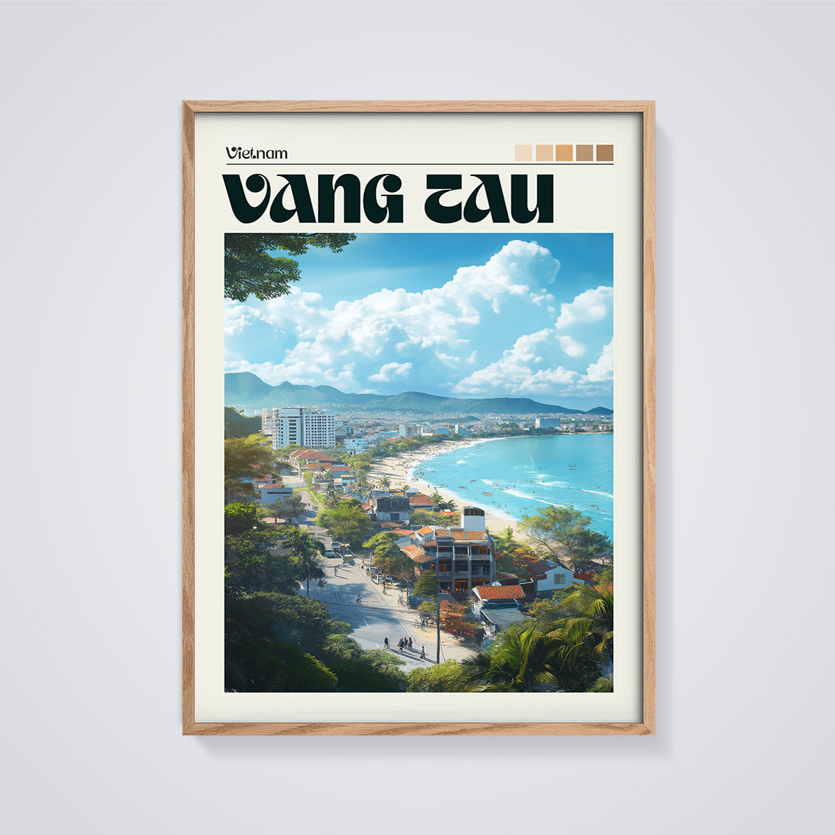 Vung Tau Vietnam Coastal View Print framed in oak on a grey background