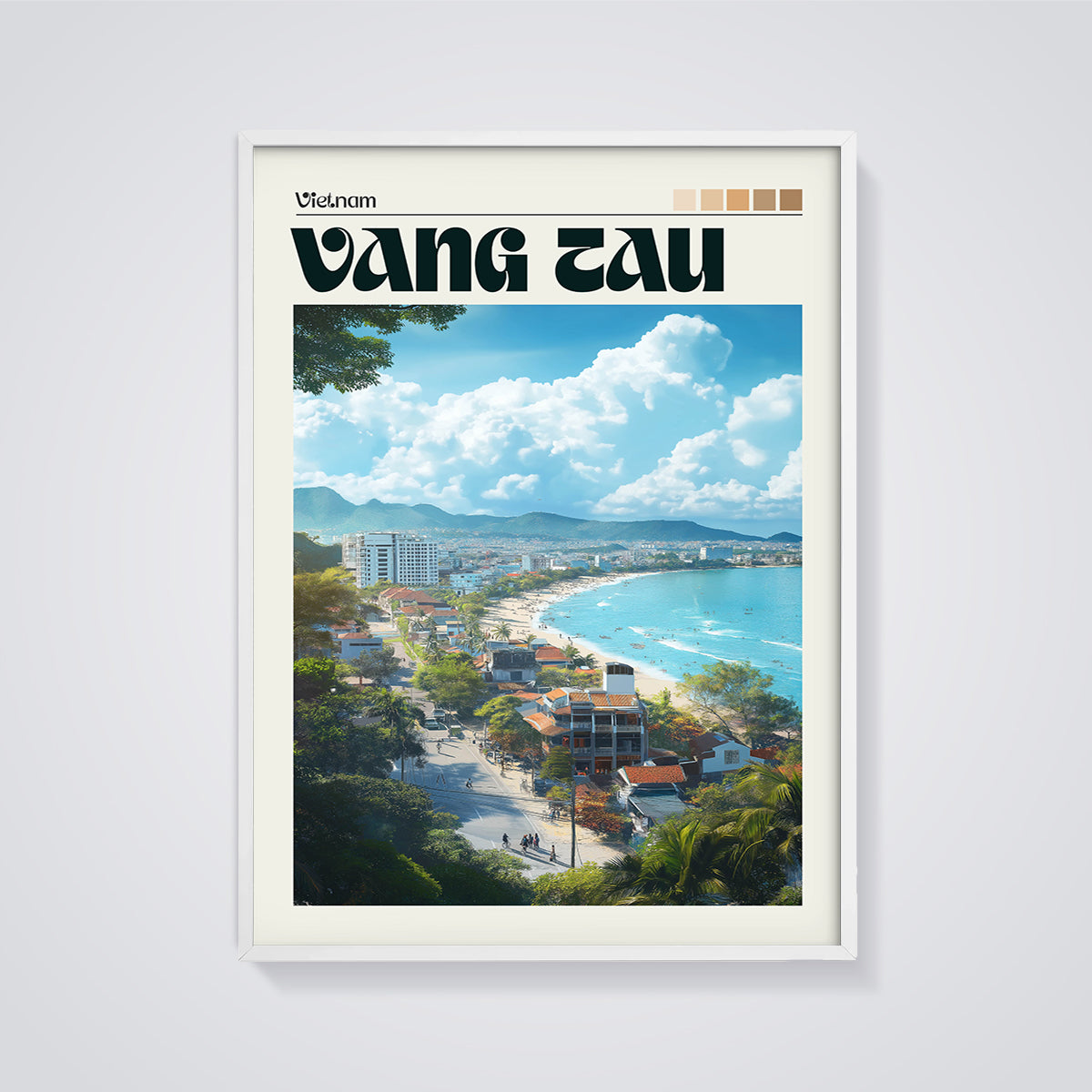 Vung Tau Vietnam Coastal View Print framed in white on a grey background