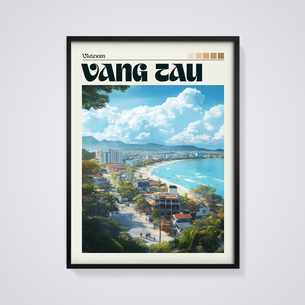 Vung Tau Vietnam Coastal View Print framed in black on a grey background