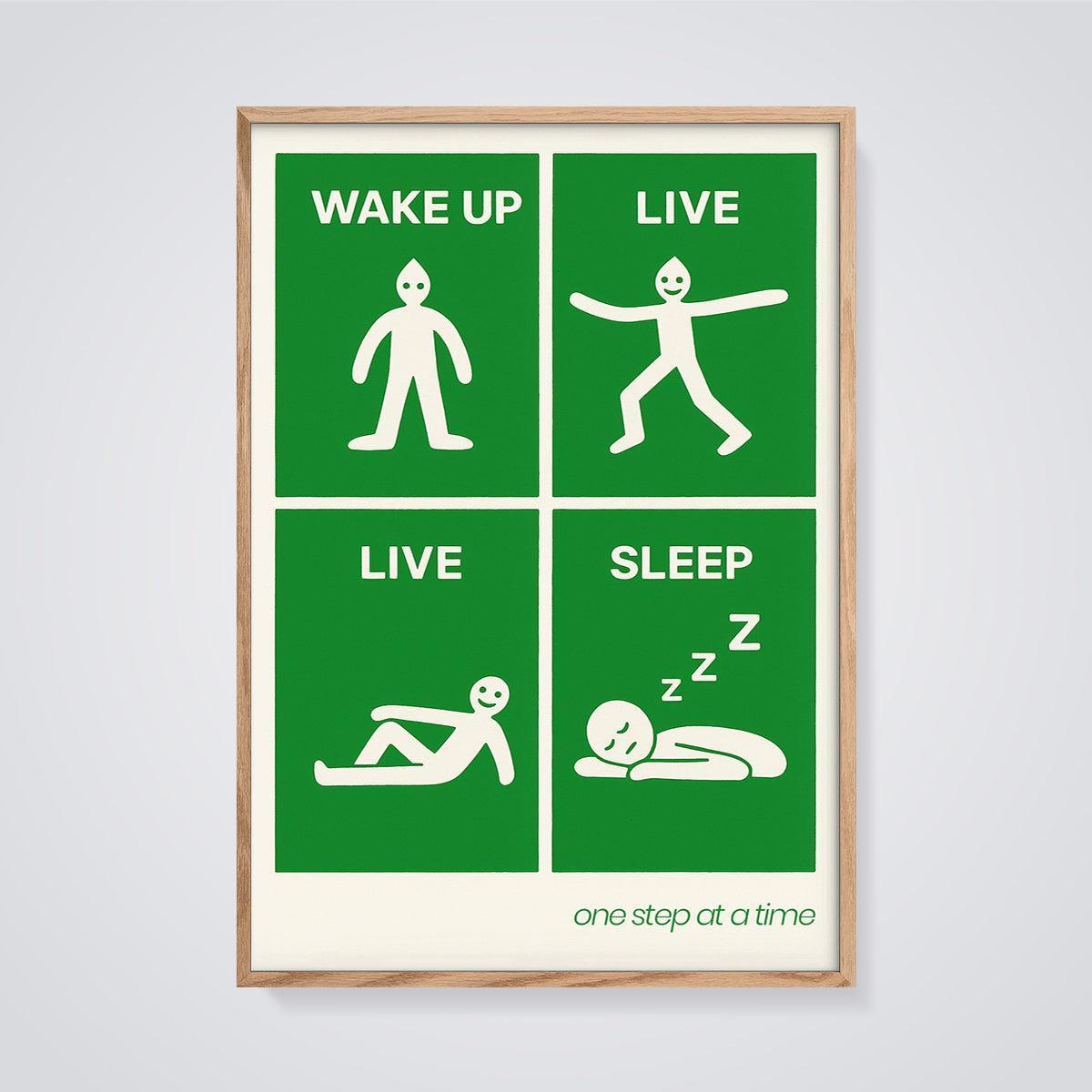 Wake Up Live Sleep Print framed in oak on a grey background