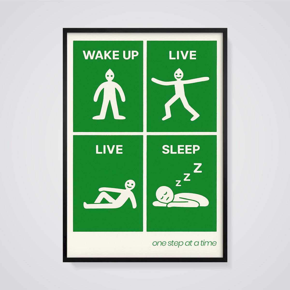 Wake Up Live Sleep Print framed in black on a grey background