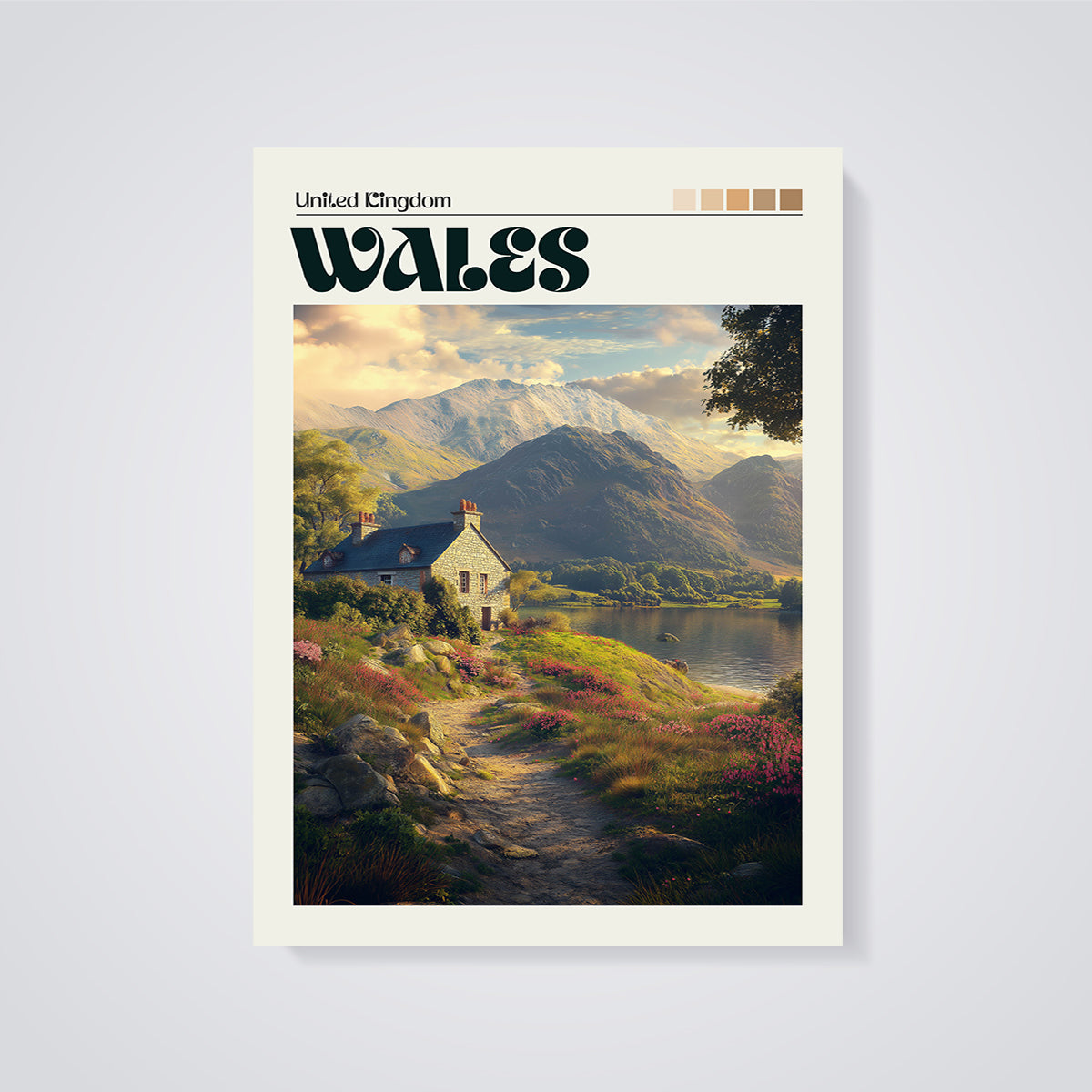 Wales Mountain Lake Cottage Print unframed on a grey background