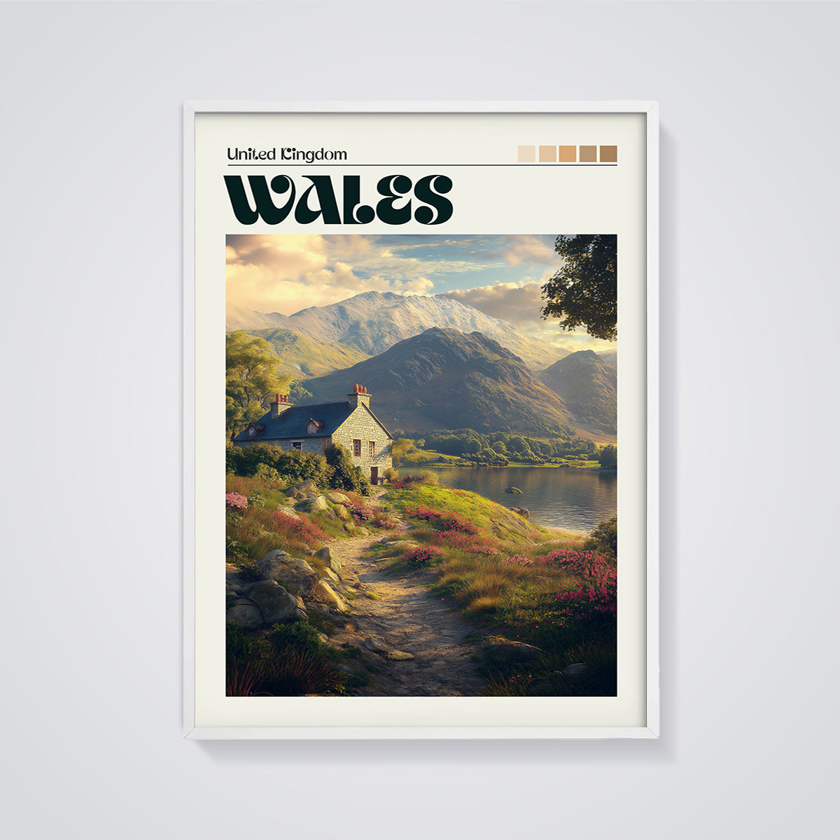 Wales Mountain Lake Cottage Print framed in white on a grey background