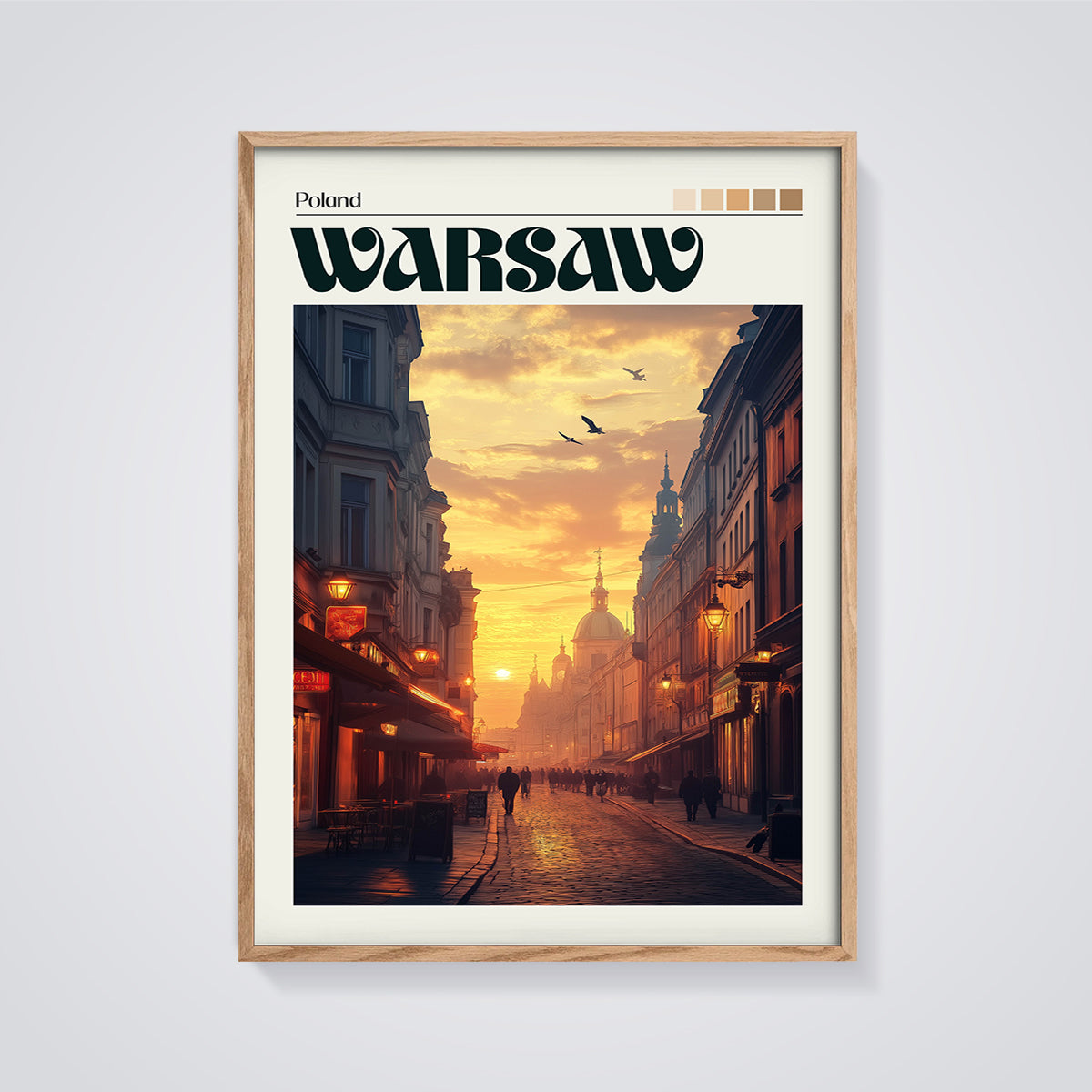 Warsaw Sunset Street Print framed in oak on a grey background
