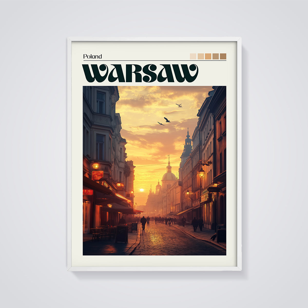 Warsaw Sunset Street Print framed in white on a grey background