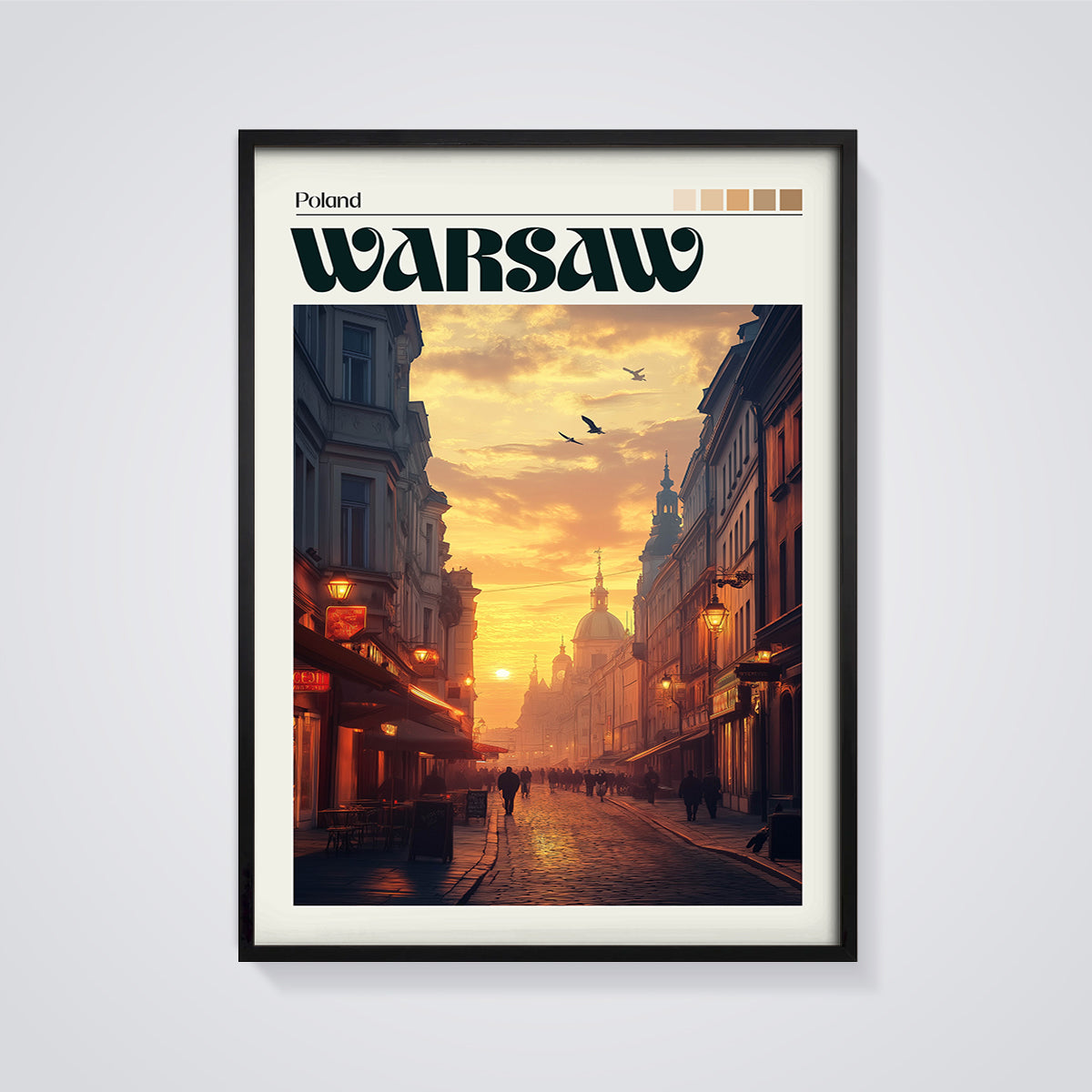 Warsaw Sunset Street Print framed in black on a grey background