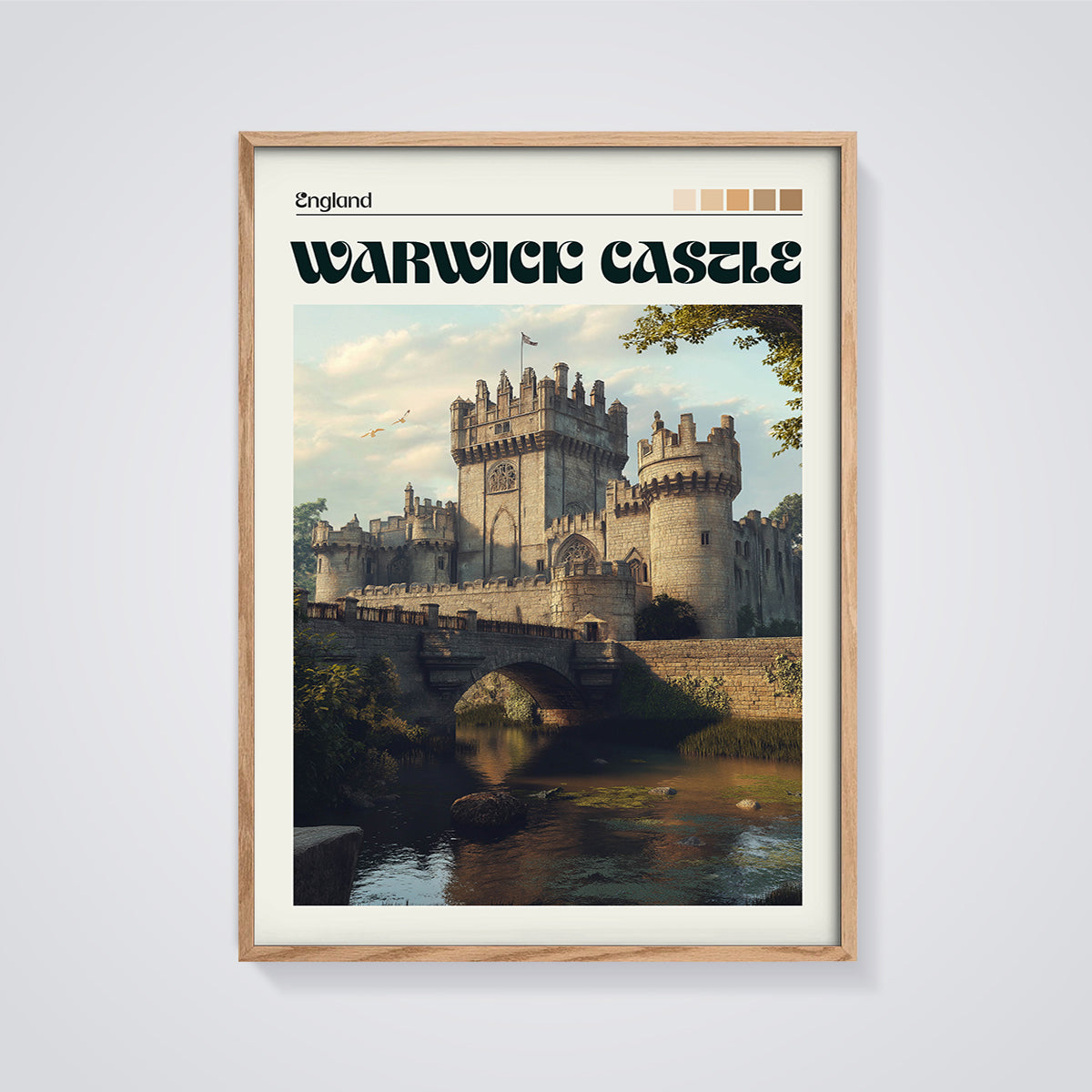 Warwick Castle England Print framed in oak on a grey background